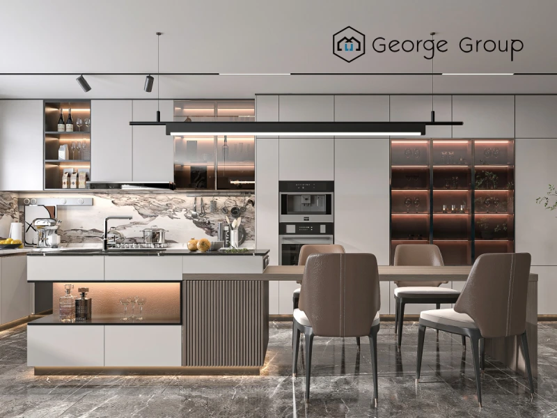 Modern kitchen with full-height cabinetry, island storage and integrated appliances