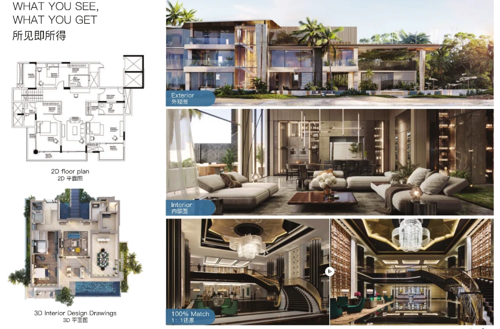 George Group whole-villa design example with floor plan 2D layout 3D interior views exterior render and finished home reference